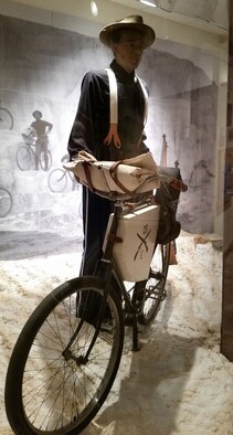 A mannequin portraying a 25th Infantry Regiment Bicycle Corps rider is displayed in the Historical Museum at Fort Missoula, Mont., July 2, 2015. In 1897, a squad of soldiers rode 1,900 miles from the fort to St. Louis, Mo., with rifles and field equipment to test the effectiveness of the bicycle for military transportation. (U.S. Air Force photo/John Turner)
