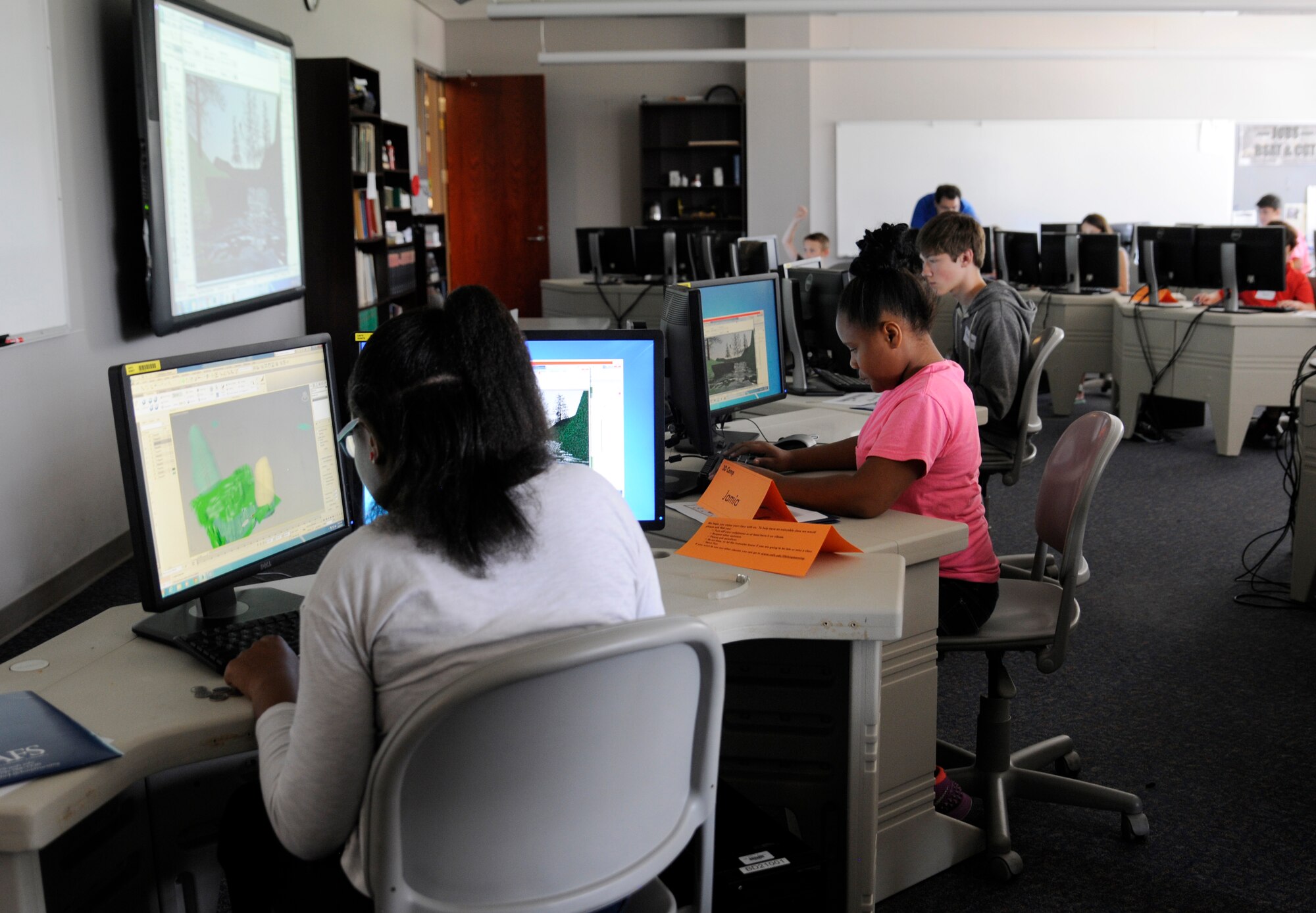 Kids from the 188th Wing participate in 3D Animation Camp at the University of Arkansas-Fort Smith on June 24, 2015. The 3D Animation Camp was a two and a half day camp that offered military children the opportunity to learn what it takes to design games, movie clips and commercials. Tuition for the class was provided through the Child and Youth Program at the National Guard Bureau, Washington D.C. The Child and Youth Program supports the social, emotional and academic needs of military children by lifting them up with knowledge and positive encouragement. (U.S. Air National Guard photo by Staff Sgt. Hannah Dickerson/Released)