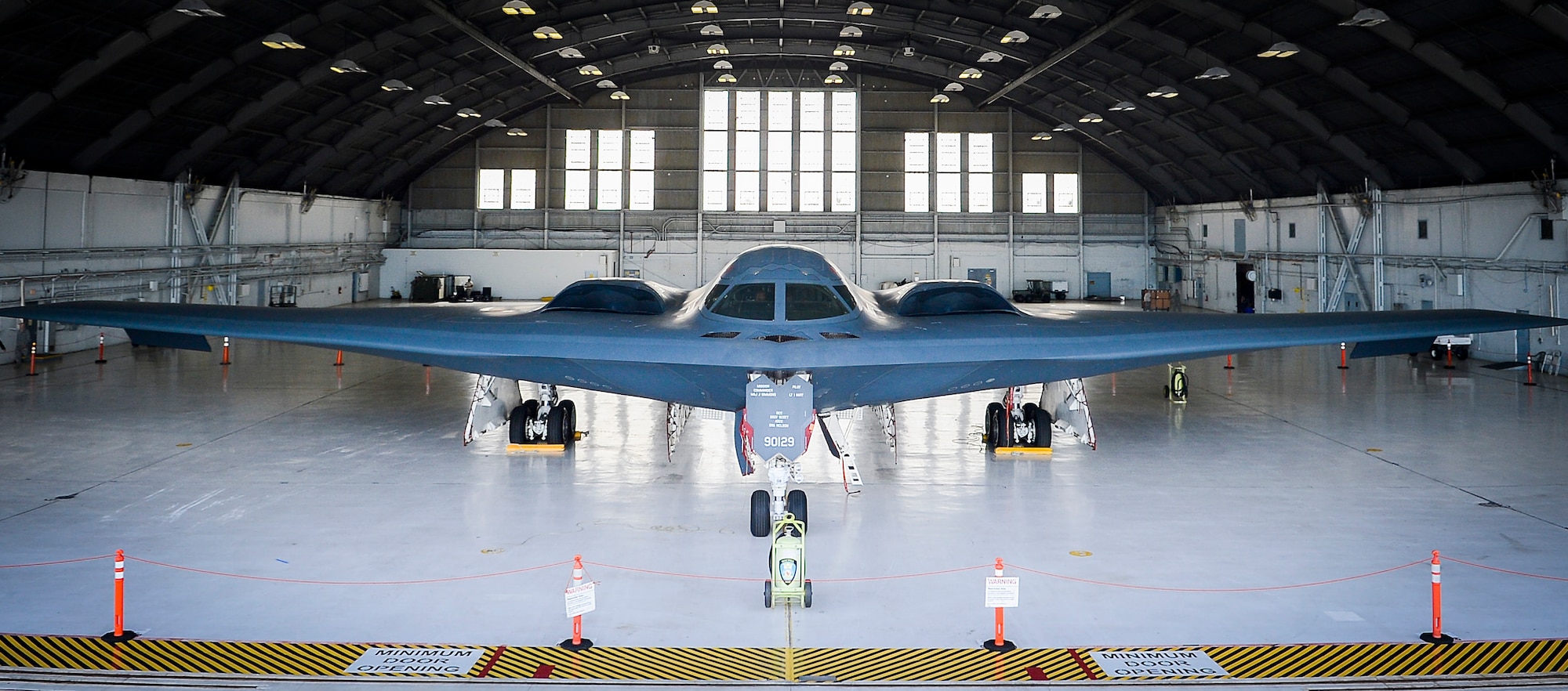 A B-2 Spirit rests in an aircraft hangar on MacDill Air Force Base, Fla., April 24, 2015. Within 24 hours, a team of specialists from Whiteman Air Force Base, Mo., were brought to MacDill to repair the B-2, which had diverted due to an avionics malfunction. (U.S. Air Force photo by Tech. Sgt. Brandon Shapiro/Released)