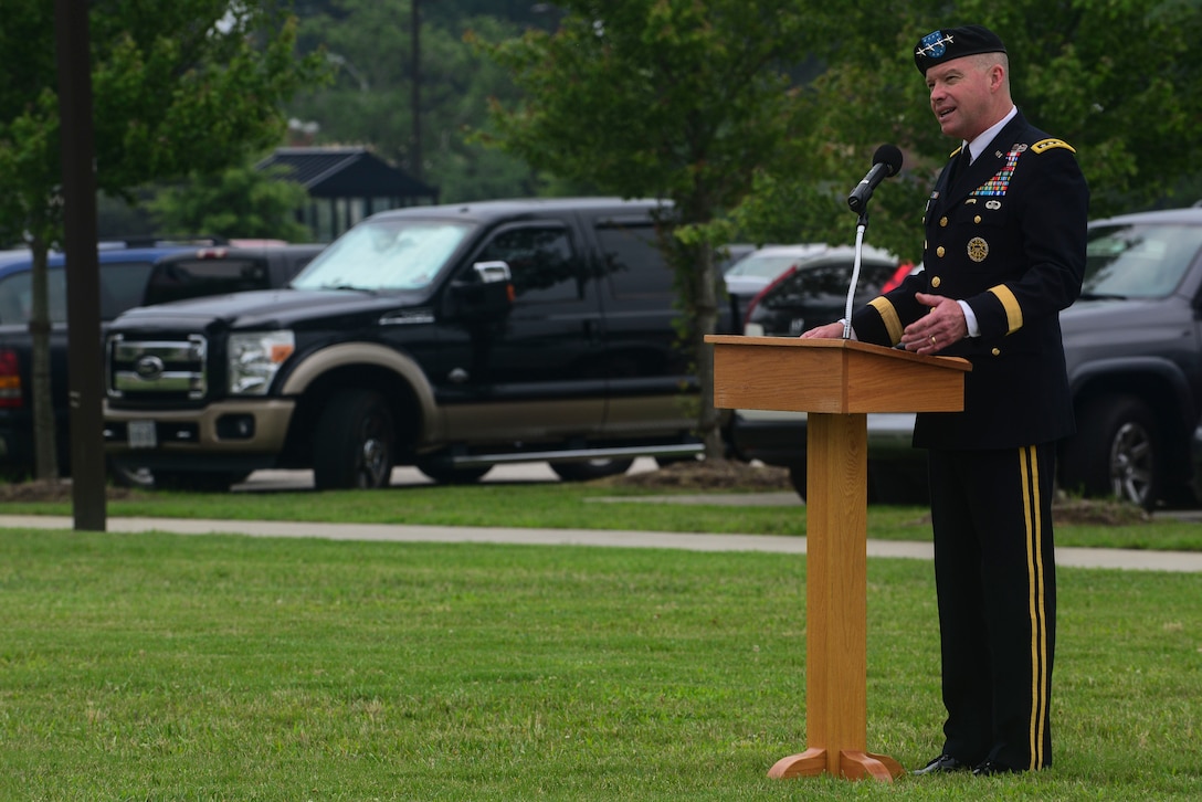 U.S. Army Gen. David Perkins, U.S. Army Training and Doctrine Command commander, speaks during a change of command ceremony at Fort Eustis, Va., July 2, 2015. Perkins, the ceremony’s host, spoke about the position of the Center for Initial Military Training commander and its importance to every Soldier. (U.S. Air Force photo by Senior Airman Kimberly Nagle/Released)