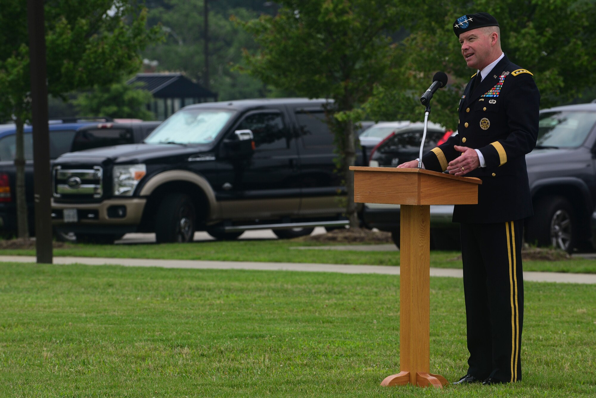 U.S. Army Gen. David Perkins, U.S. Army Training and Doctrine Command commander, speaks during a change of command ceremony at Fort Eustis, Va., July 2, 2015. Perkins, the ceremony’s host, spoke about the position of the Center for Initial Military Training commander and its importance to every Soldier. (U.S. Air Force photo by Senior Airman Kimberly Nagle/Released)
