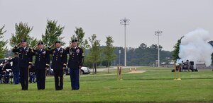 U.S. Army Training and Doctrine Command leaders salute during the Center for Initial Military Training change of command at Fort Eustis, Va., July 2, 2015. The outgoing commander, Maj. Gen. Ross E. Ridge, also celebrated his retirement in conjunction with the ceremony. (U.S. Air Force photo by Staff Sgt. Natasha Stannard/released)