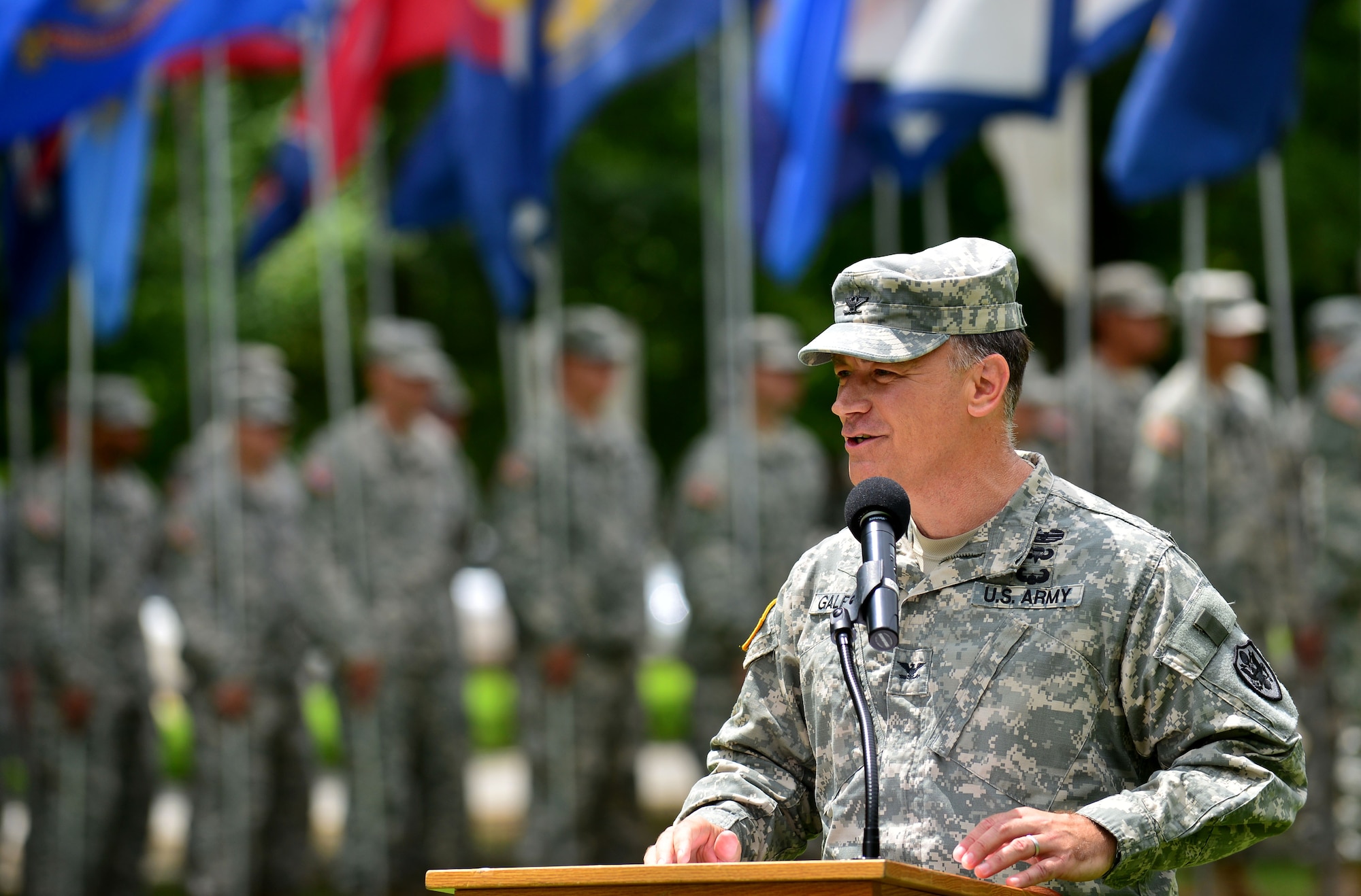 U.S. Army Col. William Galbraith, 733rd Mission Support Group commander, speaks during the Salute to the Nation Ceremony at Seay Plaza on Fort Eustis, Va., July 4, 2015. Galbraith spoke on the importance of upholding the nation’s rich history and maintaining its freedom. (U.S. Air Force photo by Staff Sgt. Natasha Stannard/Released)