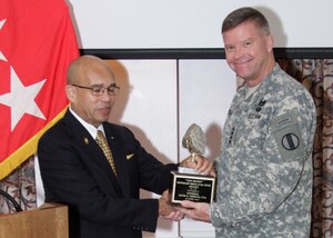 U.S. Army Gen. David Perkins, U.S. Army Training and Doctrine Command commander, receive the "2015 Honorary ROCK of the year" award from Earl Sims, ROCKS Inc. national board chairman, during a ceremony at Fort Eustis, Va., June 23, 2015. ROCKS Inc. is a national organization which aims to strengthen the U.S. military officer and senior civilian corps through mentorship, coaching, scholarships, networking, leader diversity and professional development, to leverage outreach opportunities and maximize talent. The award recognizes distinguished senior leaders who made a significant and sustainable contribution to the U.S. military.
