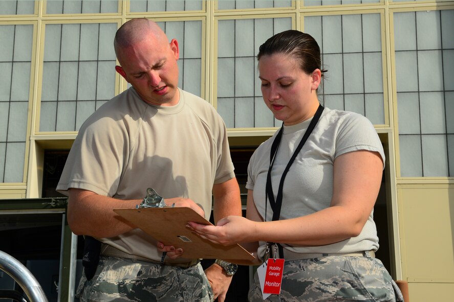 Tech. Sgt. Charles McAllister, 2nd Operations Support Squadron NCO in charge of systems and mobility readiness, and Senior Airman Emily Boudreaux, 2nd OSS systems and mobility readiness journeyman, review a checklist at Barksdale Air Force Base, La., July 7, 2015. The checklist identifies equipment Intel Airmen will need to provide information to B-52H Stratofortress aircrews regarding threat information, targeting locations and more. (U.S. Air Force photo/Senior Airman Benjamin Raughton)