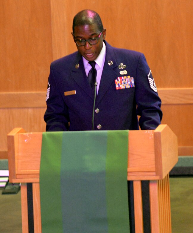 MSgt. William Anderson delivers an inspirational reading during the prayer vigil in the chapel on June 25, 2015 at JB Charleston, S.C. The vigil was conducted to support the nine victims of the shooting that occurred at the Emanuel African Methodist Episcopal Church in downtown Charleston, S.C. on June 14th.