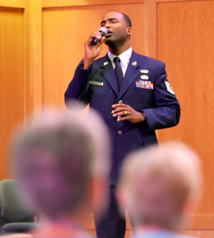TSgt. Paul Williams sings “Amazing Grace” during the prayer vigil in the chapel on June 25, 2015 at JB Charleston, S.C. The vigil was conducted to support the nine victims of the shooting that occurred at the Emanuel African Methodist Episcopal Church in downtown Charleston, .SC. on June 14th.