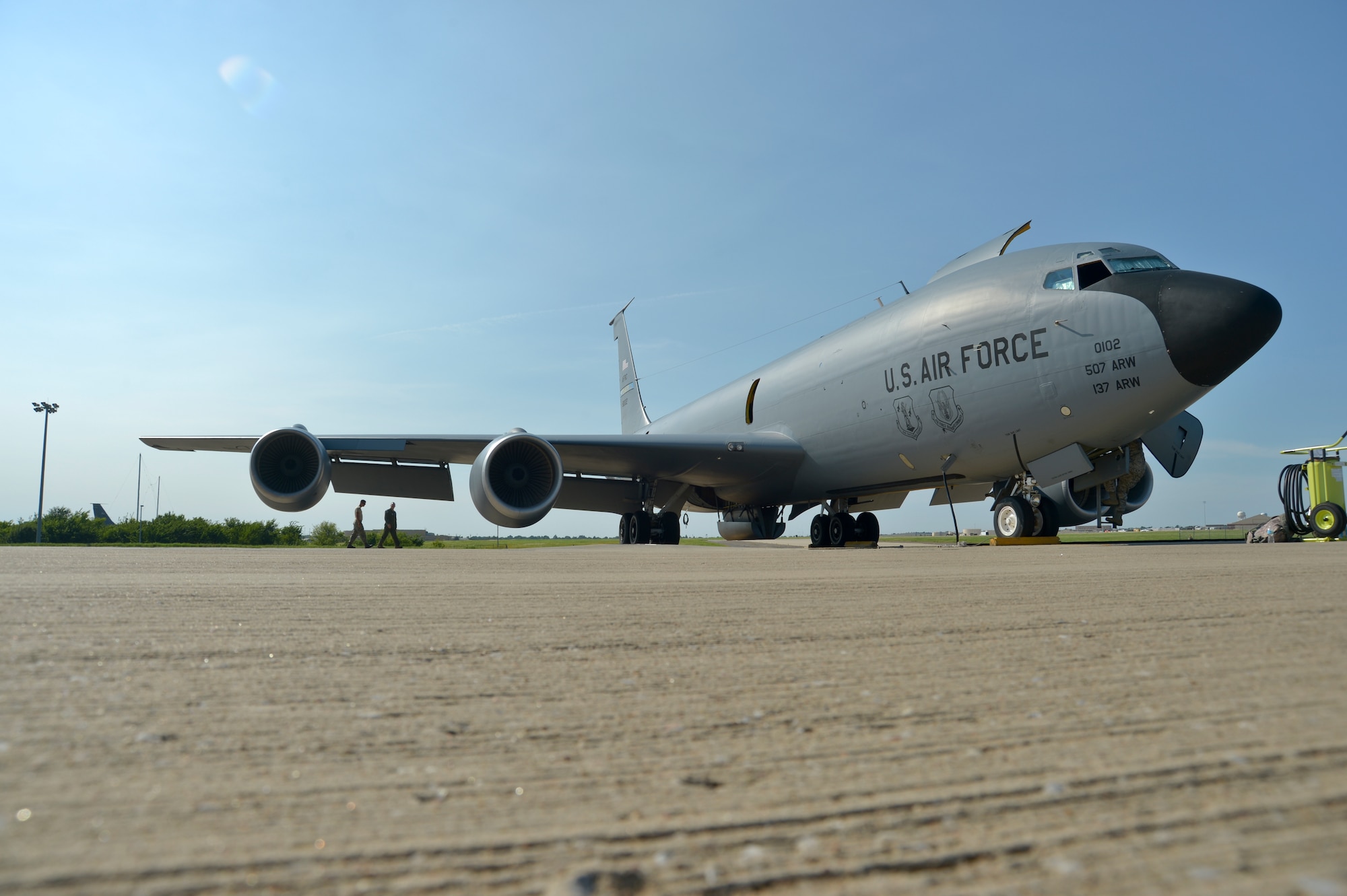 U.S. Air Force Lt. Col. Mark Hole, tanker detachment commander, assigned to the 185th Air Refueling Squadron, performs a walk around inspection of the aircraft before flying the last training mission of the 185 ARS on Tinker Air Force base, June 30, 2015, at Tinker Air Force base, Okla. The 185 ARS will be transitioning to Air Force Special Operations Command. (U.S. Air National Guard photo by Tech Sgt. Caroline Essex/Released)