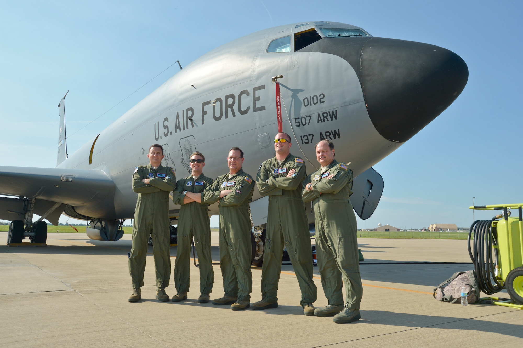 Aircrew from the 185th Air Refueling Squadron performed the final 137th Air Refueling Wing KC-135 Stratotanker mission June 30, 2015. The final crew consisted of (from left to right) Master Sgt. Ty Taylor, Capt. Thomas Bryceland, Lt. Col. Mark Hole, Staff Sgt. Samuel Wirstrom, and 137th Medical Group Flight Surgeon Lt. Col. Tim Cathey. (U.S. Air National Guard photo by Tech Sgt. Caroline Essex/Released)