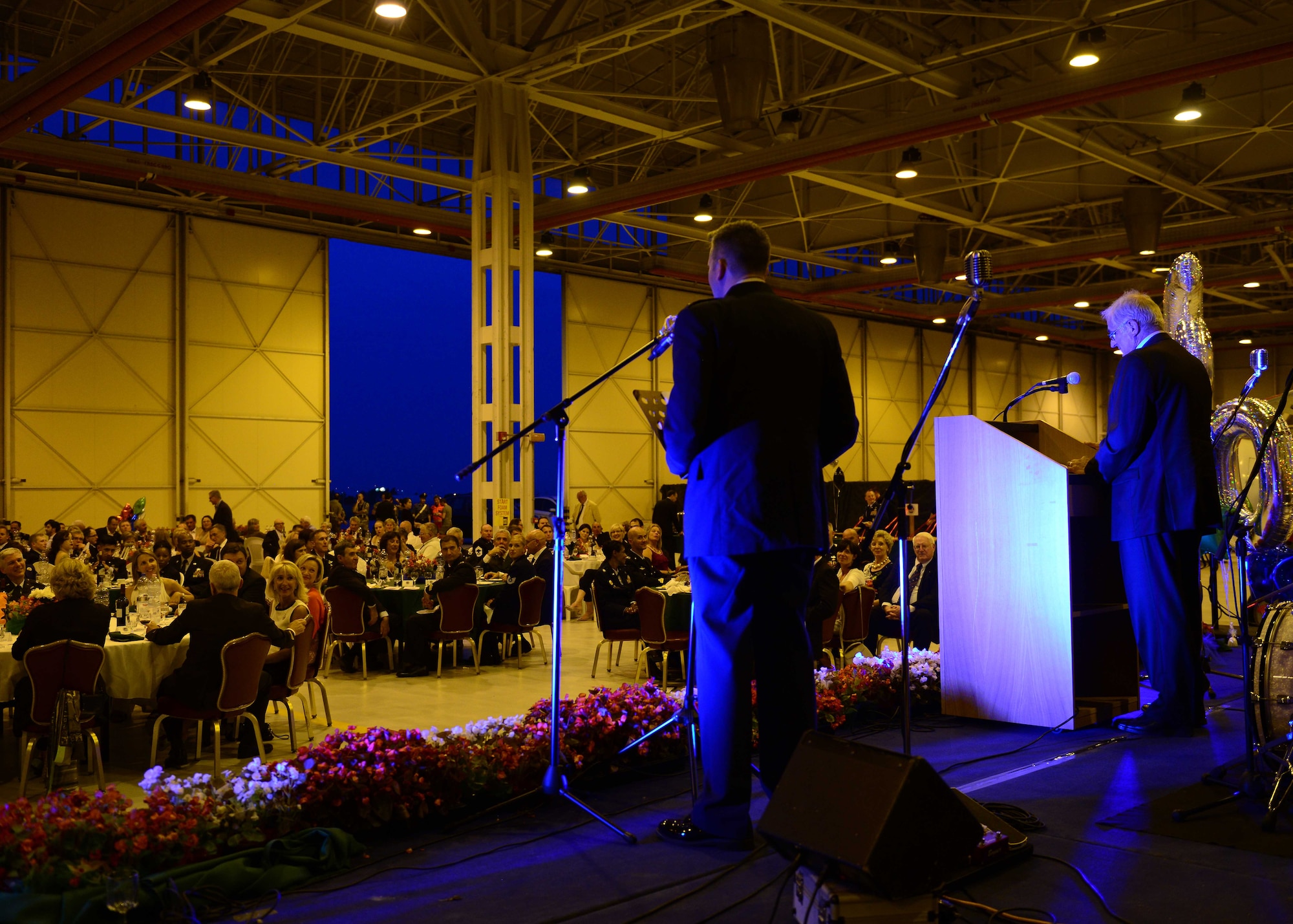 Italian Air Force Brig. Gen. (Ret.) Fermo Missarino, former Pagliano é Gori Aeroporto commander, speaks with guests at the 60th Anniversary celebration, July 3, 2015, at Aviano Air Base, Italy. A native of the province of Udine, Missarino flew more than 3,500 hours in the F-104 Star Fighter and later served as the base commander from 1993 to 1996. (U.S. Air Force photo by Airman 1st Class Deana Heitzman/Released) 