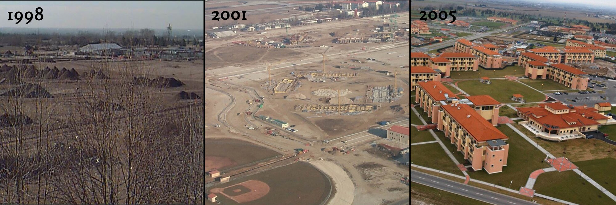 As part of the Aviano 2000 Program, the land where today’s dormitories and the Mountain View Lodge sit was seeded and prepped for construction. The program began in 1995 as a result of a series of NATO decisions about the United States’ role in Europe. (Photo illustration by Staff Sgt. R.J. Biermann/Released)