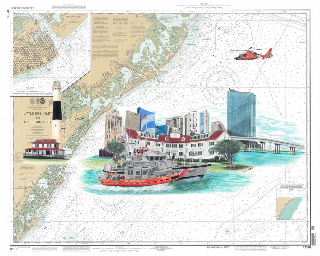 Chart art for Coast Guard Station Atlantic City, N.J. The chart art will be displayed on the station's quarterdeck indefinitely. U.S. Coast Guard illustration by Petty Officer 1st Class Justin Lacy