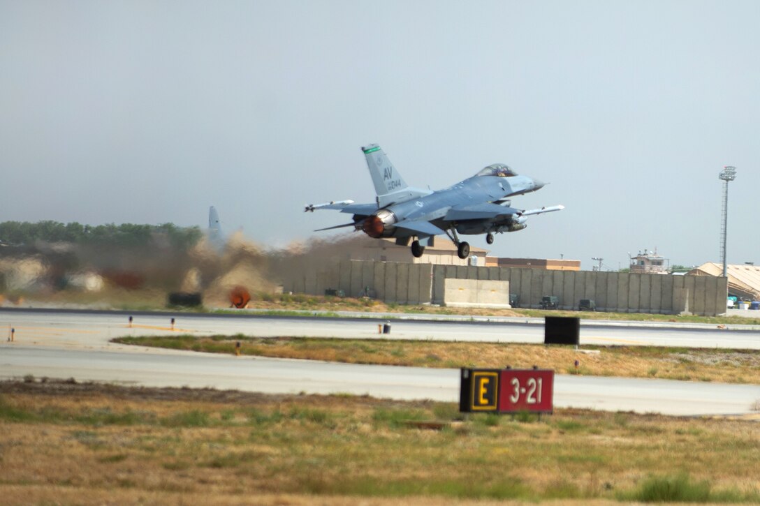 U.S. Air Force Brig. Gen. Dave Julazadeh takes off on his first combat sortie in an F-16 Fighting Falcon aircraft on Bagram Airfield, Afghanistan, July 7, 2015.