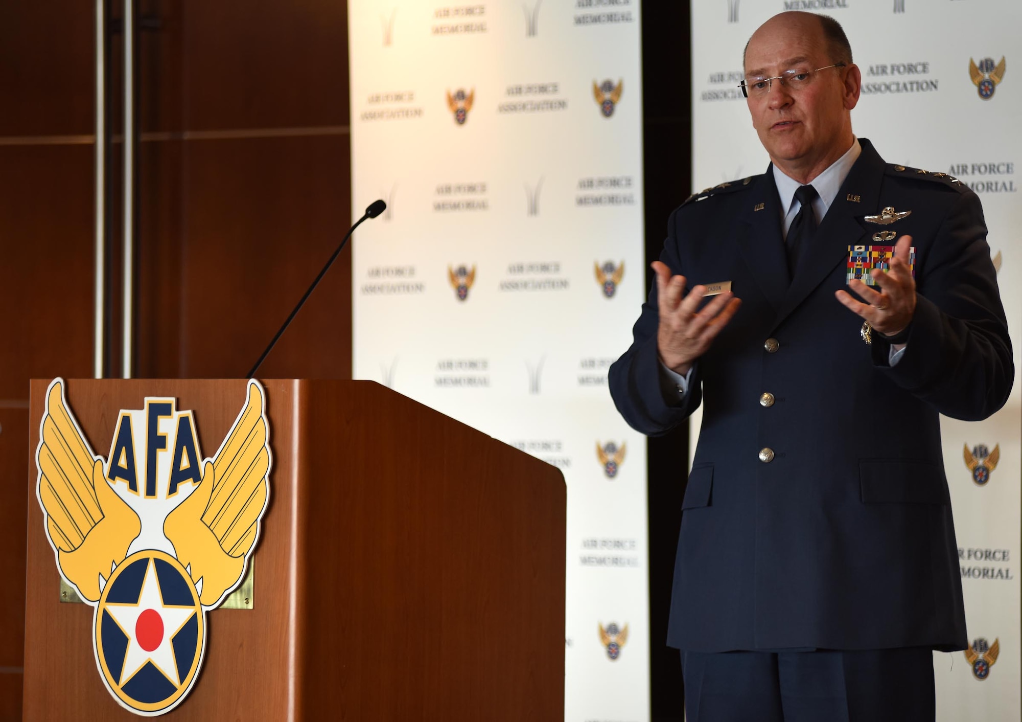 Lt. Gen. James F. Jackson, the commander of the Air Force Reserve Command, speaks to more than 70 guests of the Air Force Association’s monthly breakfast July 7, 2015, in Arlington, Virginia. AFA’s breakfast program is a monthly series that provides a venue for senior Air Force and Department of Defense leaders to communicate directly with the public and the press. (U.S. Air Force photo/Tech. Sgt. Dan DeCook)