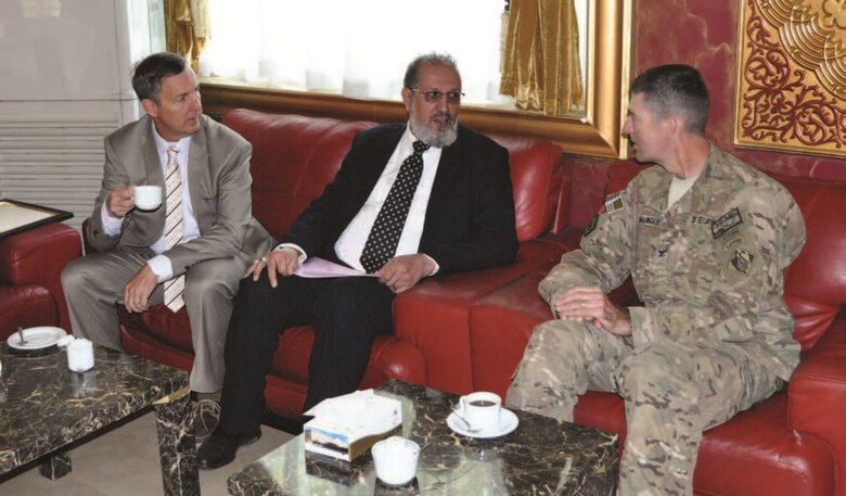 (Left to right) Gordon Simmons, Chief of Engineering & Construction, USACE Transatlantic Afghanistan District; Ahad Wahad, Deputy Mayor of Kabul City;  and Col. Pete Helmlinger, USA, Commander, USACE Transatlantic Afghanistan District, discuss engineering challenges in the rapid expansion of Kabul City.