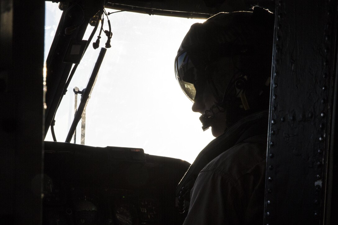 A CH-53E Super Stallion pilot with Marine Heavy Helicopter Squadron (HMH) 466 conducts preflight checks aboard Marine Corps Air Station Miramar, California, July 2. The aircrew prepares the aircraft for night fast-rope training on Marine Corps Base Camp Pendleton, California.