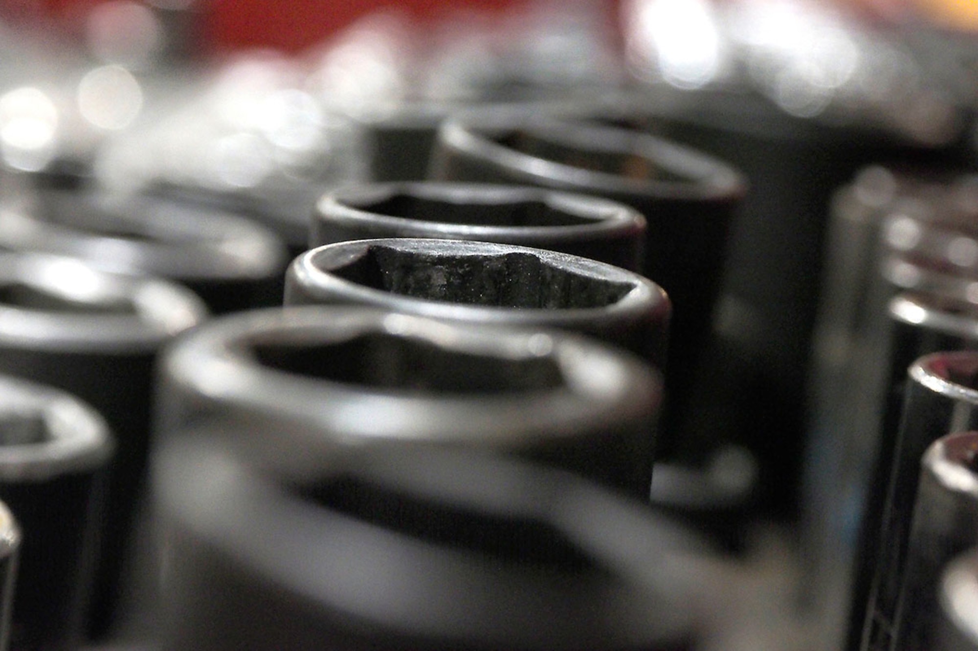 Sockets are arranged neatly in a toolbox as Airmen assigned to the 673d Logistics Readiness Squadron perform annual rebuilding maintenance procedures on snow plows, and snow removal vehicles, Wednesday, July 8, 2015. The heavy equipment is used to clear the runways and roads on Joint Base Elmendorf-Richardson, Alaska, during the winter season. (U.S. Air Force photo/Justin Connaher)
