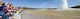 This photo panorama created from three separate images, depicts a crowd of spectators viewing the eruption of Old Faithful Geyser at Yellowstone National Park, Wyo., July 4, 2015. Airmen and civilians from F.E. Warren Air Force Base were on an Outdoor Recreation trip that explored the natural features of Yellowstone and Grand Teton National Park for the July 4th weekend. (U.S. Air Force photo illustration by Lan Kim)