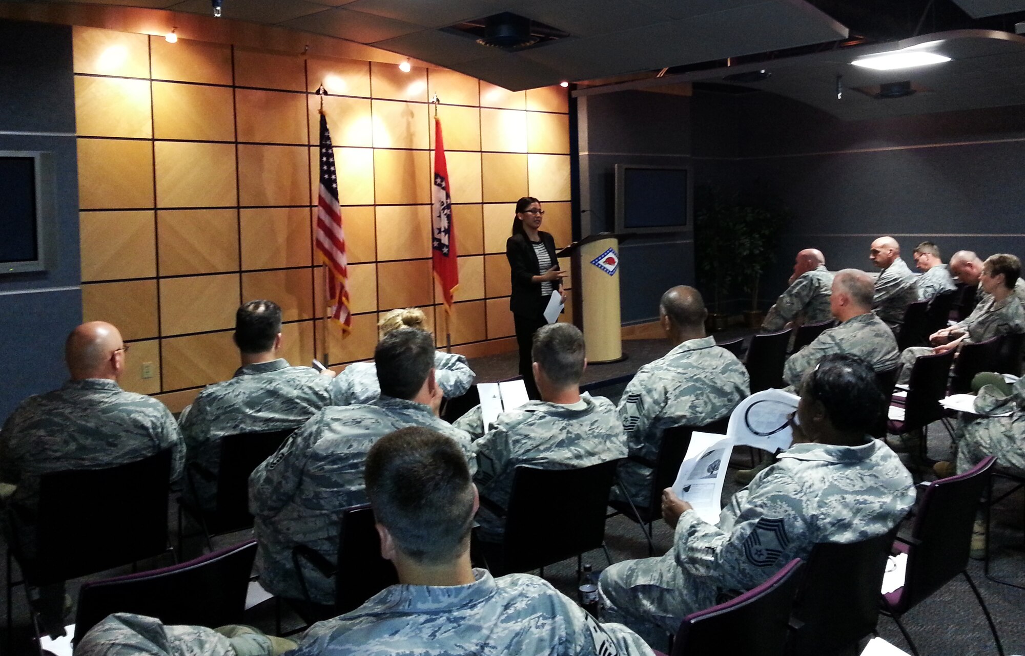 Eunice Hernandez, Donald W. Reynolds Crisis Intervention Center sexual assault services coordinator, speaks to 188th Wing leadership about sexual assault and domestic violence at Ebbing Air National Guard Base during June’s unit training assembly. The 188th is partnering with DWRCIC to upgrade its sexual assault prevention and response capabilities. (U.S. Air National Guard photo by Maj. Heath Allen/Released)