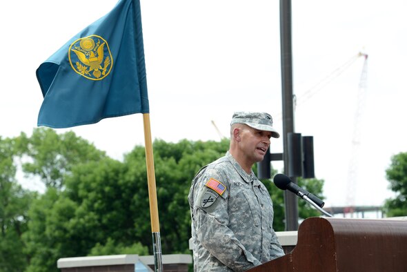 U.S. Army Col. Jeffery M. Ruchie addresses the audience after assuming command of the USSTRATCOM Army Reserve Element during a ceremony at Offutt Air Force Base, Neb., July 1, 2015. U.S. Army Maj. Gen. Daniel L. York, 76th Operational Response Command commander, presided over the ceremony, during which Ruchie assumed command of the ARE from U.S. Army Lt. Col. Michael D. Poss. The ARE provides highly-trained and mission-ready Army Reserve Soldiers to support the full spectrum of global operations conducted by USSTRATCOM. USSTRATCOM is one of nine DOD unified combatant commands and is charged with strategic deterrence; space operations; cyberspace operations; joint electronic warfare; global strike; missile defense; intelligence, surveillance and reconnaissance; combating weapons of mass destruction; and analysis and targeting. (USSTRATCOM photo by U.S. Air Force Staff Sgt. Jonathan Lovelady/Released)