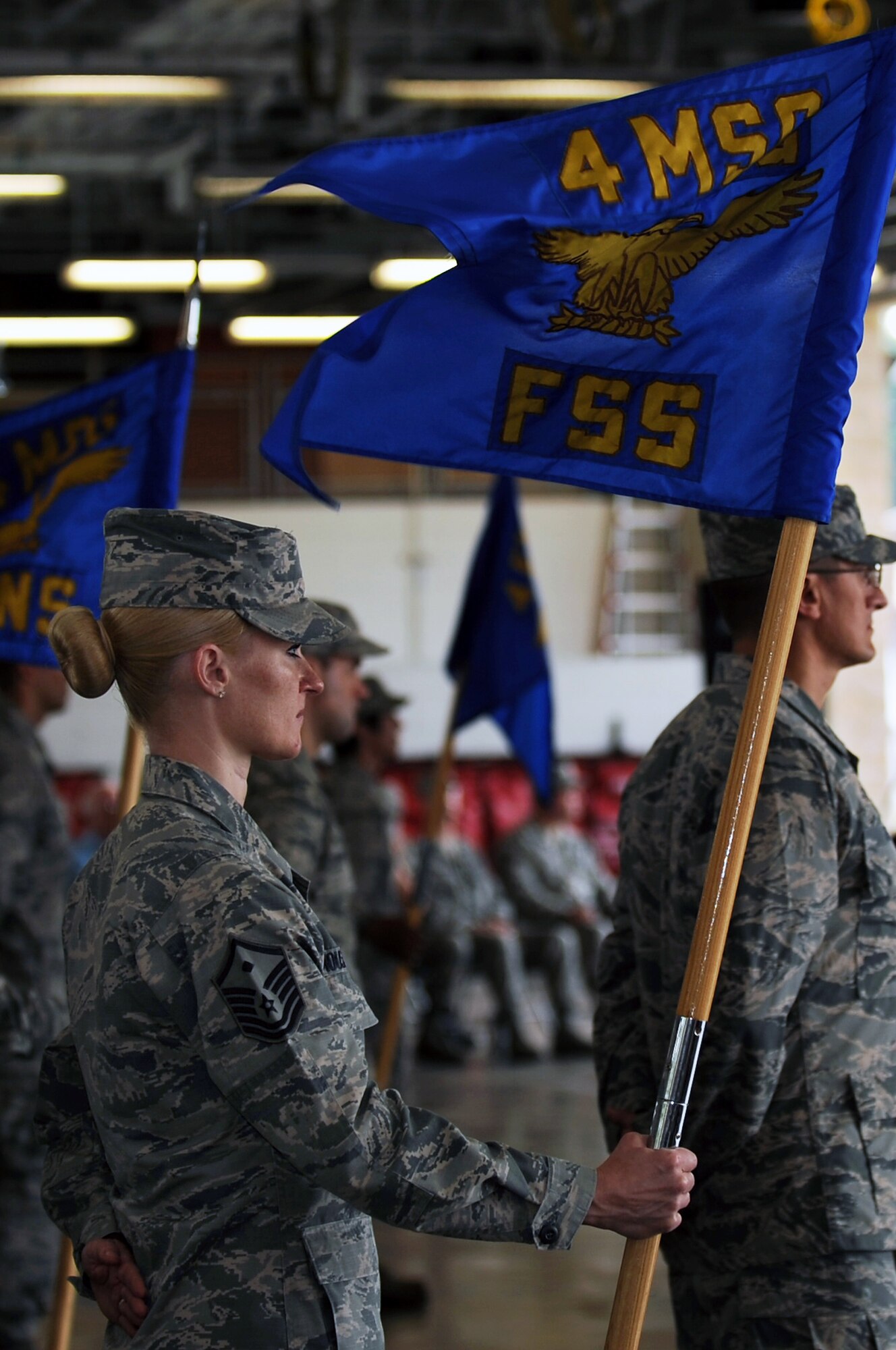 Master Sgt. Heather Mousseau, 4th Force Support Squadron first sergeant, holds the 4th FSS guidon during the 4th Mission Support Group assumption of command ceremony, July 8, 2015, at Seymour Johnson Air Force Base, North Carolina. Airmen from each squadron assigned to the 4th MSG attended to show support for the new commander. (U.S. Air Force photo/Airman 1st Class Ashley Williamson)