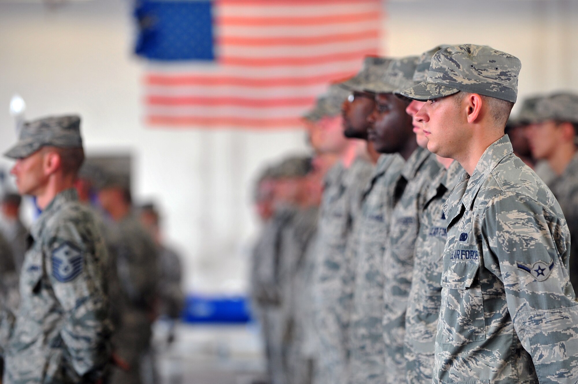 4th Mission Support Group Airmen stand in formation during the group’s assumption of command ceremony, July 8, 2015, at Seymour Johnson Air Force Base, North Carolina. The 4th MSG provides communications, base security, civil engineer, fire protection, logistics and contracting programs in support of more than 25,000 people. (U.S. Air Force photo/Senior Airman John Nieves Camacho)