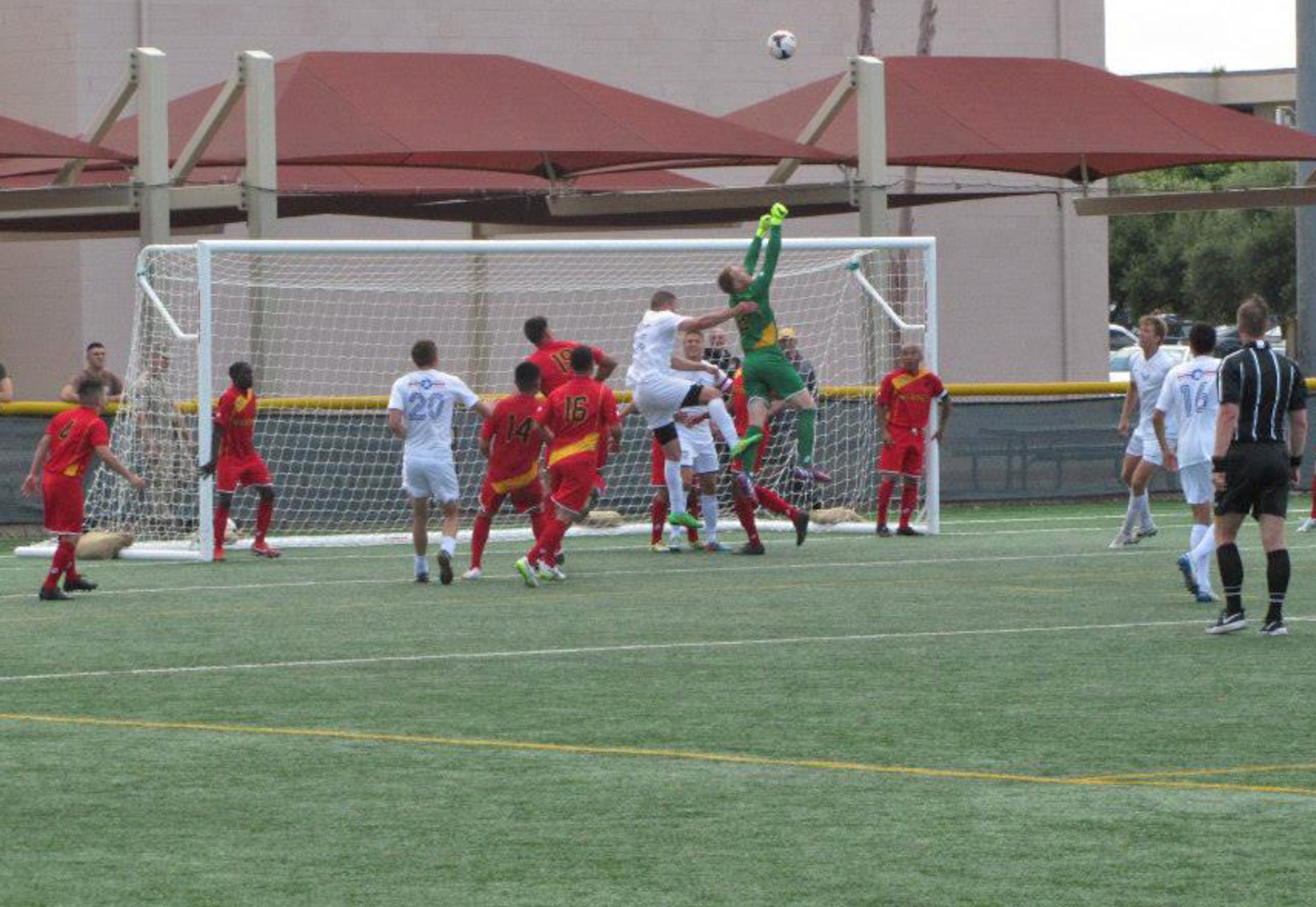 The U.S. Air Force soccer team competes in a soccer match against the U.S. Marine Corps during the 2015 Armed Force Championship title in Marine Corps Air Station, Miramar Calif., May 12-21.Two Airmen from Royal Air Force Lakenheath were selected to participate on the Air Force team in a national competition against other U.S. military branches. (Courtesy photo)