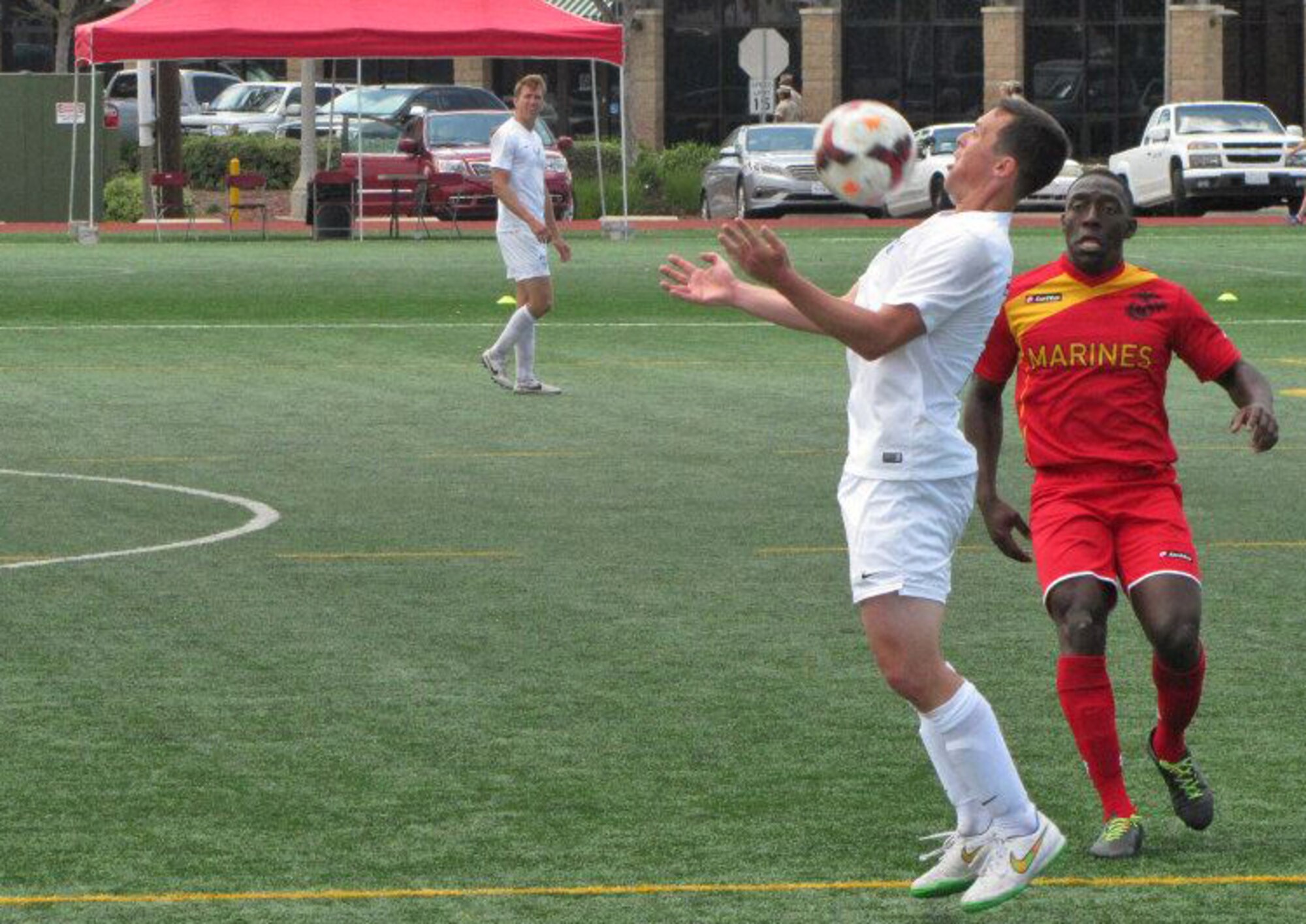 Staff Sgt. Miles Gravage, 748th Aircraft Maintenance Squadron activity security manager, receives  the soccer ball during the 2015 Armed Forces Championship at Marine Corps Air Station Miramar, Calif., May 12-21. The Air Force played against Army, Navy and Marine Corps teams to earn 2nd place with a 2-2 final record. (Courtesy photo)