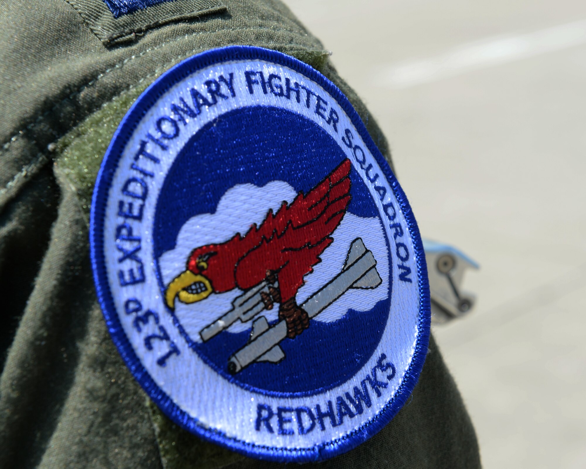 A U.S. Air National Guard 123rd Expeditionary Fighter Squadron patch is displayed during a theater security package deployment July 6, 2015, at Campia Turzii, Romania. The squadron’s F-15C Eagle fighter aircraft aircraft deployed to Romania in support of Operation Atlantic Resolve to bolster air power capabilities while underscoring the U.S. commitment to European security and stability. (U.S. Air Force photo by Senior Airman Dylan Nuckolls/Released)