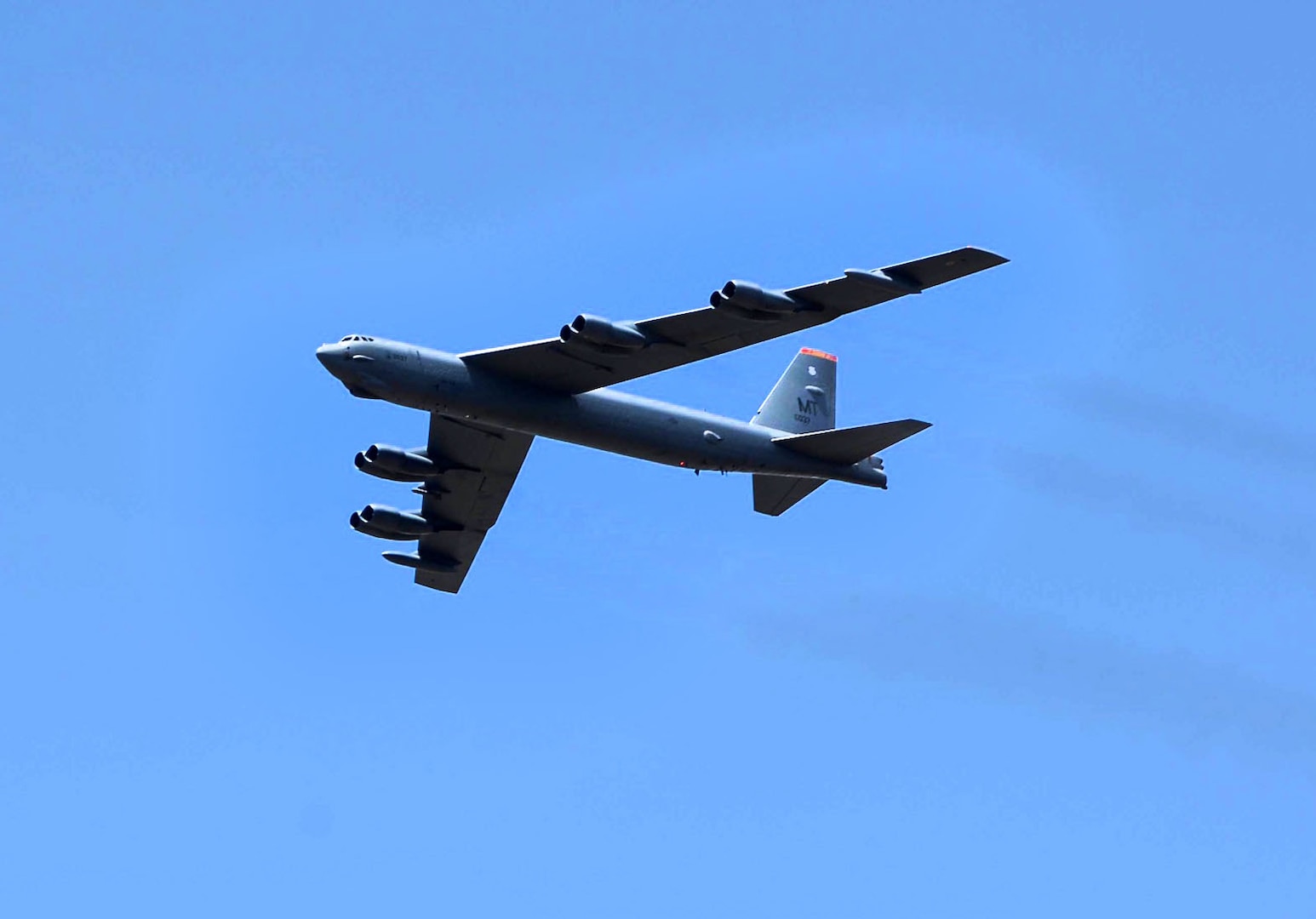RIONEGRO, Columbia (July 9, 2015) A U.S. Air Force B-52 Stratofortress conducts a flyover demonstration at the Feria Aeronautica Internacional Rionegro (F-AIR) Colombia 2015 International Air Show, July 9, 2015 in Rionegro, Colombia. The aircraft, assigned to the 5th Bomb Wing at Minot Air Force Base, N.D., conducted the flyover as part of a training mission to the U.S. Southern Command (USSOUTHCOM) area of responsibility, which was closely coordinated with the Colombian Ministry of National Defense. "The aircraft's participation in this airshow and the training conducted alongside our Colombian partners allow our strategic aircrews to maintain a high state of readiness and crew proficiency," said Commander, U.S. Strategic Command (USSTRATCOM), U.S. Navy Adm. Cecil D. Haney. USSTRATCOM is one of nine DoD unified combatant commands and is charged with strategic deterrence; space operations; cyberspace operations; joint electronic warfare; global strike; missile defense; intelligence, surveillance and reconnaissance; combating weapons of mass destruction; and analysis and targeting. (U.S. Air Force photo by MSgt. Kristina Newton/Released)