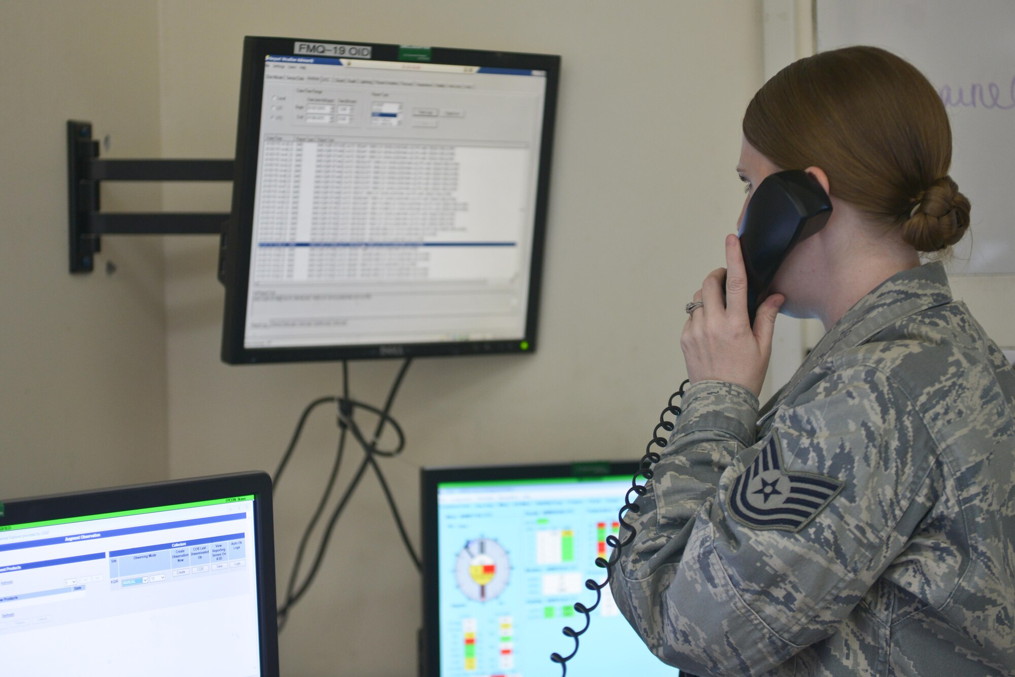 Tech. Sgt Vanessa Gonzales, 379th Expeditionary Operations Support Squadron  weather forecaster, informs a flying squadron on current visibility with wind speeds to aid aircraft launching and landing July 8, 2015 Al Udeid Air Base, Qatar.  