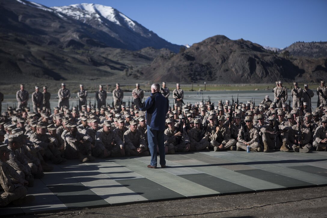 Retired U.S. Marine Corps Gen. James N. Mattis speaks to Marines with 1st Battalion, 2nd Marine Regiment, 2nd Marine Division (MARDIV), at Mountain Warfare Training Center, Calif., May 27, 2015. The visit of Gen. Mattis was held to motivate the Marines for their upcoming exercise. (U.S. Marine Corps photo by Lance Cpl. John A. Hamilton Jr., 2D MARDIV Combat Camera/Released)