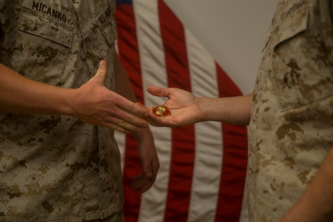Corporal Steven R. Micanko, a micro miniature technician with 2nd Maintenance Battalion, Combat Logistics Regiment 25, is presented the Gold Disk Award by Brig. Gen. Robert F. Castellvi, on behalf of the chief of naval operations, aboard Camp Lejeune, N.C., July 7, 2015. Micanko was chosen from amongst Marines and sailors working within the repair occupational field for taking initiative to perform circuit card repairs, in turn contributing to the overall readiness of II Marine Expeditionary Force and saving the unit approximately $120,000.