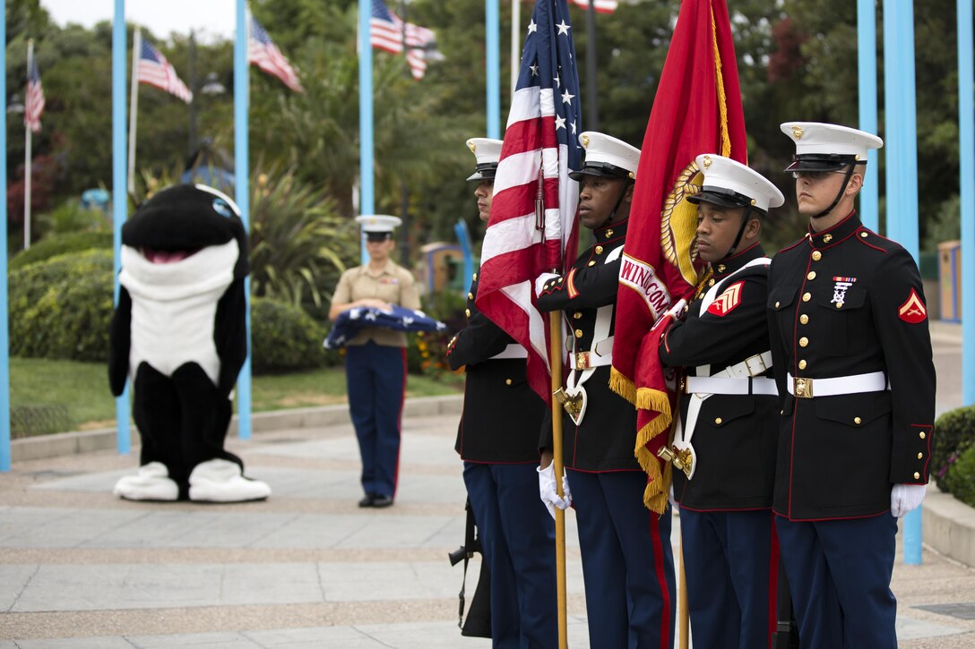 Marines with Marine Wing Communication Squadron (MWCS) 38 post a color guard during a flag-raising ceremony at SeaWorld San Diego, July 4. SeaWorld is also scheduled to host service members during the month of July as part of their Waves of Honor tribute, which is a daily event to thank service members around the world.