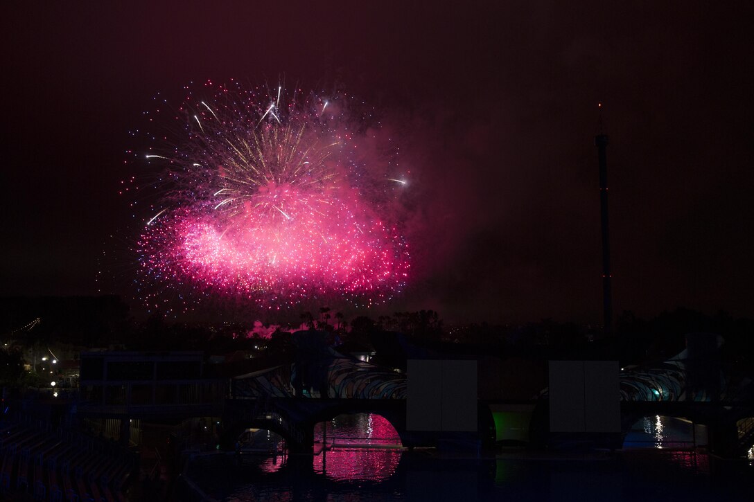 A fireworks display goes off at SeaWorld San Diego before the theme park closes for Independence Day, July 4. SeaWorld also held a flag-raising ceremony in the morning for the holiday before the day’s showing of Waves of Honor, a time SeaWorld dedicates to military members worldwide.