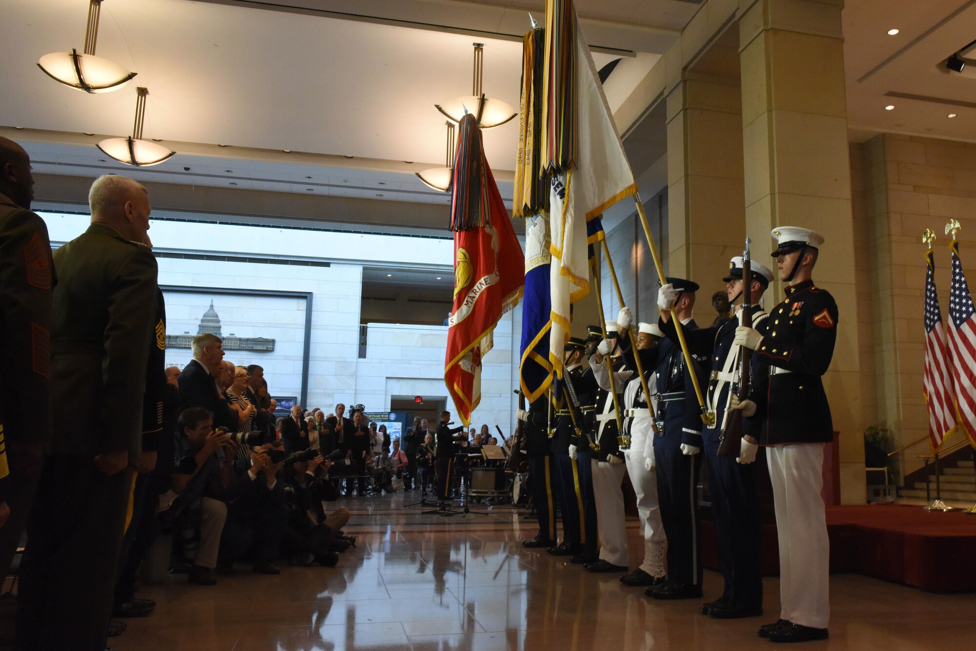 The Joint Service Color Guard presents the colors at the Congressional Commemoration for the 50th Anniversary of the Vietnam War July 8, 2015, in the Emancipation Hall of the U.S. Capitol in Washington. The commemoration honored all service members who fought and served during the Vietnam War. (U.S. Air Force photo/Staff Sgt. Carlin Leslie)