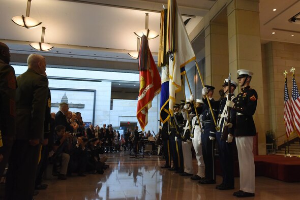 The Joint Service Color Guard presents the colors at the Congressional Commemoration for the 50th Anniversary of the Vietnam War July 8, 2015, in the Emancipation Hall of the U.S. Capitol in Washington. The commemoration honored all service members who fought and served during the Vietnam War. (U.S. Air Force photo/Staff Sgt. Carlin Leslie)