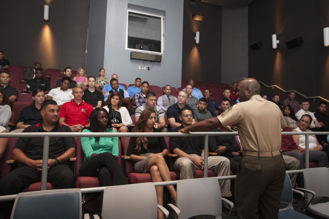 The Sergeant Major of the Marine Corps, Ronald L. Green, speaks with members of the Single Marine Program Executive Committee at the National Museum of the Marine Corps, Triangle, Va., July 8, 2015. (U.S. Marine Corps photo by Sgt. Melissa Marnell/Released) 