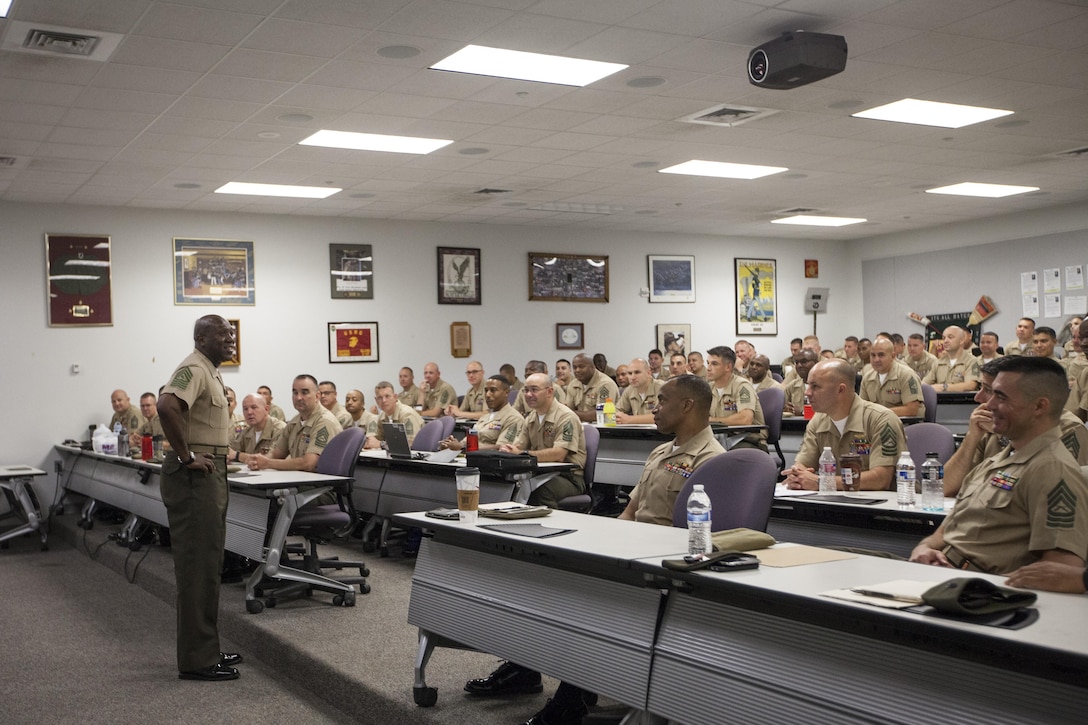 The Sergeant Major of the Marine Corps, Ronald L. Green, speaks to the E-8 Seminar at the Staff Noncommissioned Officer Academy, Marine Corps Base Quantico, Va., July 8, 2015.  (U.S. Marine Corps photo by Sgt. Melissa Marnell/Released)  