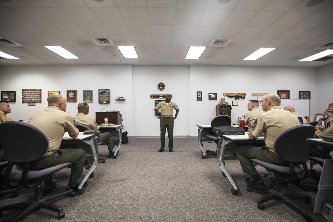 The Sergeant Major of the Marine Corps, Ronald L. Green, speaks to the E-8 Seminar at the Staff Noncommissioned Officer Academy, Marine Corps Base Quantico, Va., July 8, 2015.  (U.S. Marine Corps photo by Sgt. Melissa Marnell/Released)  