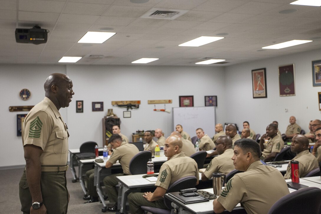The Sergeant Major of the Marine Corps, Ronald L. Green, speaks to the E-8 Seminar at the Staff Noncommissioned Officer Academy, Marine Corps Base Quantico, Va., July 8, 2015.  (U.S. Marine Corps photo by Sgt. Melissa Marnell/Released)  