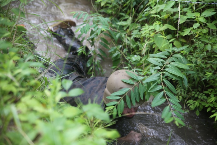 A Marine with Service Company, Headquarters Regiment, 2nd Marine Logistics Group crawls through shallow water near the end of the endurance course the company participated in aboard Camp Lejeune, N.C., July 1, 2015. Marines navigated through obstacles to promote and build unit camaraderie while they worked together to progress through swampy terrain. (U.S. Marine Corps photo by Lance Cpl. Aaron K. Fiala/released)