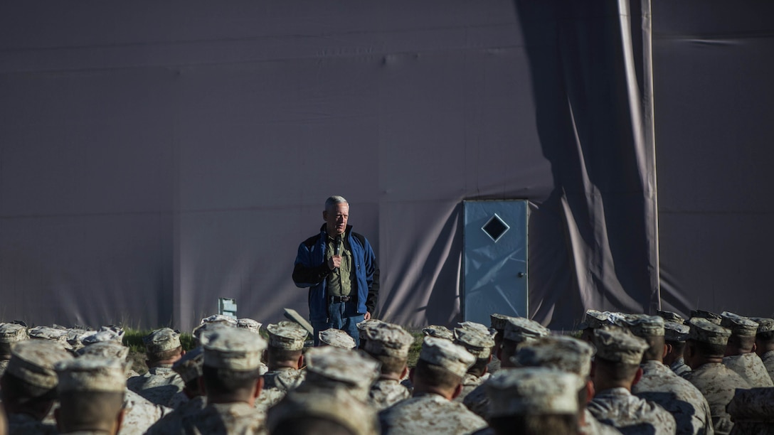 Retired U.S. Marine Corps Gen. James N. Mattis speaks to Marines with 1st Battalion, 2nd Marine Regiment, 2nd Marine Division (MARDIV), at Mountain Warfare Training Center, Calif., May 27, 2015. The visit of Gen. Mattis was held to motivate the Marines for their upcoming exercise. 