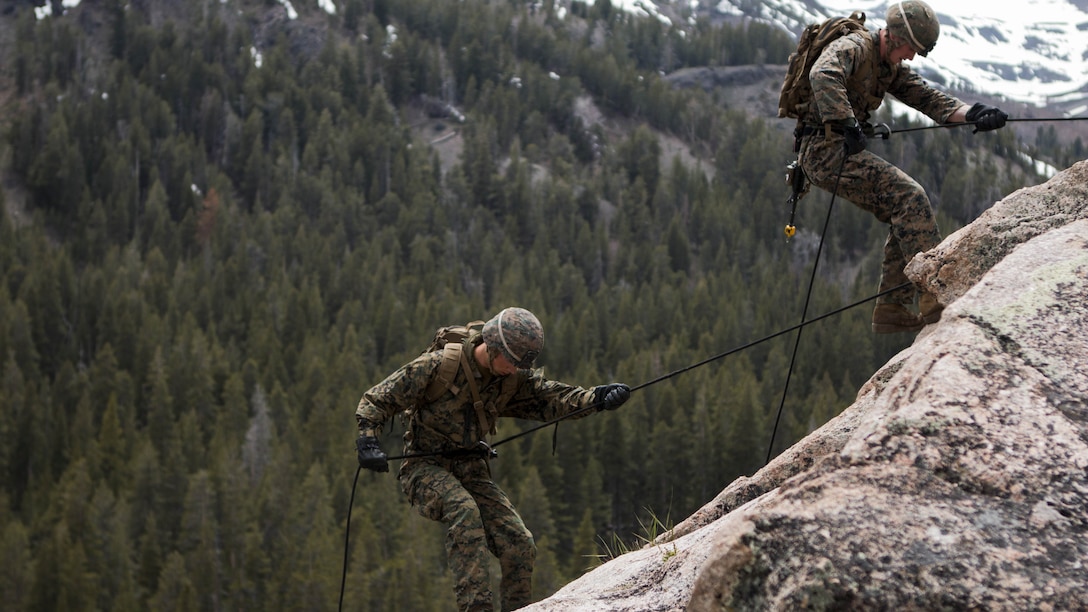 U.S. Marines with Weapons Company, 1st Battalion, 2nd Marine Regiment, 2nd Marine Division, conduct repelling exercises at the Marine Corps Mountain Warfare Training Center, Calif., June 3, 2015. 1/2 participated in the exercise at MCMWTC to prepare themselves for mountainous environments. 