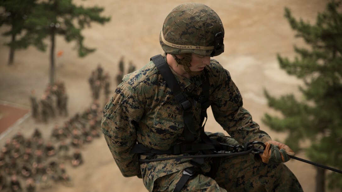 Corporal Nicholas D. Ray, rifleman with Company G, 2nd Battalion, 24th Marine Regiment, 4th Marine Division, rappels down a tower during Peninsula Express 15-8 at the Mountain Warfare School in Pohang, Republic of Korea, June 30, 2015. At the school, Marines worked on their proficiencies in rappelling, fast roping and climbing in order to improve their ability to fight in mountainous environments. This is also the first time Marine Forces Reserve has participated in the Korean-Marine Exchange Program, a series of exercises between the U.S and Korean Marine Corps designed to build interoperability and tactical familiarity between partner nations.
