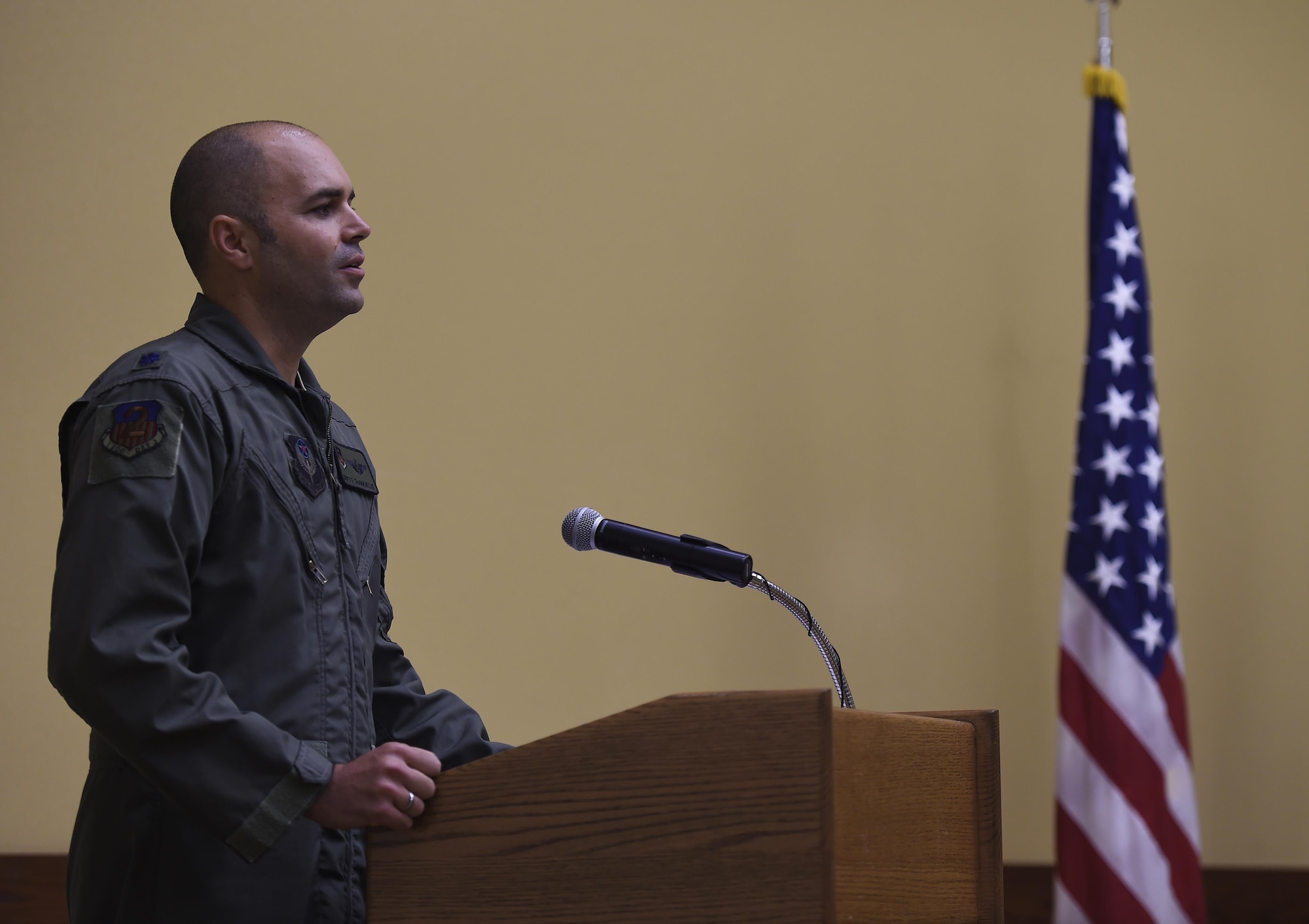Lt. Col. Bret DeAngelis, Detachment 2 commander, speaks during the 1st Special Operations Group Detachment 2 activation ceremony at Hurlburt Field, Fla., July 10, 2015. DET 2 was activated to operationally test the AC-130J Ghostrider gunship, train aircrews, as well as develop new tactics, techniques and procedures for the aircraft. (U.S. Air Force photos by Airman Kai White/Released)