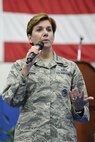 U.S. Air Force Gen. Lori Robinson, Pacific Air Forces commander, addresses Airmen during an all-call July 10, 2015, Andersen Air Force Base, Guam. Robinson outlined her priorities including taking care of Airmen and their families while accomplishing the mission. (U.S. Air Force photo by Senior Airman Katrina M. Brisbin/Released)