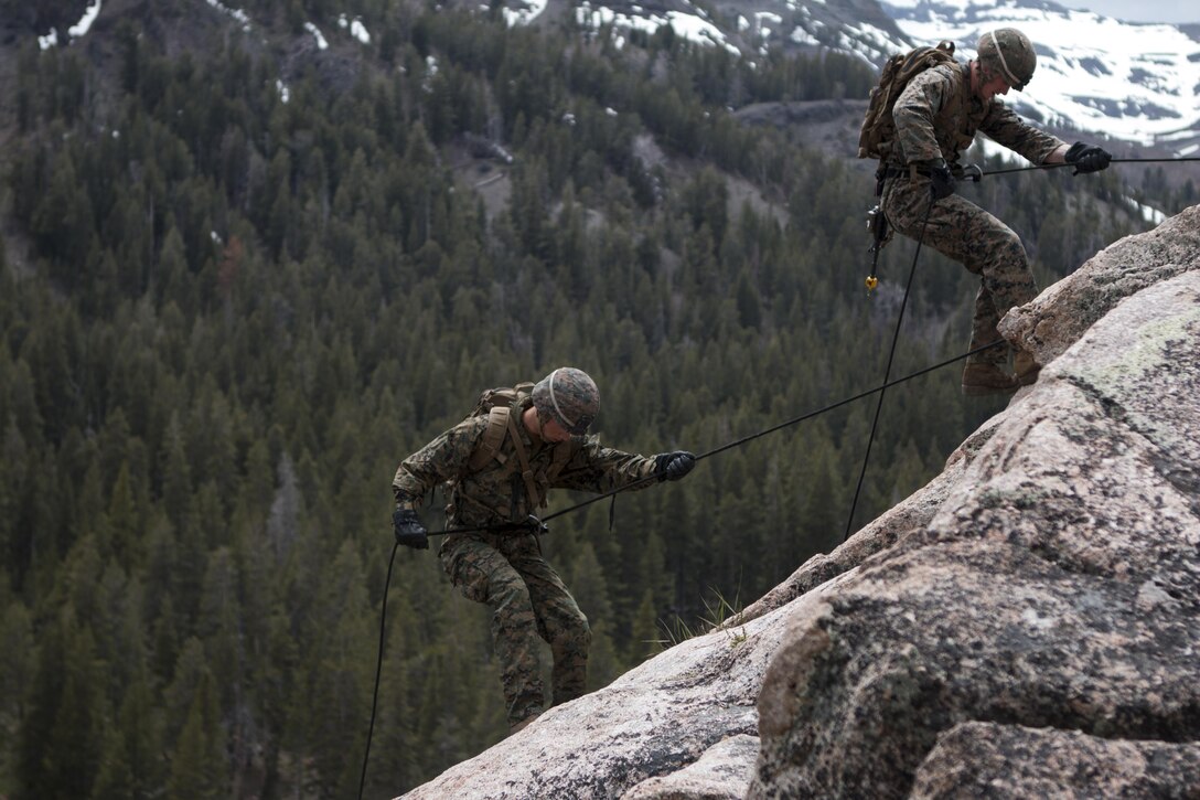 U.S. Marines with Weapons Company, 1st Battalion, 2nd Marine Regiment (1/2), 2nd Marine Division (MARDIV), conduct repelling exercises at the Marine Corps Mountain Warfare Training Center (MCMWTC), Calif., June 3, 2015. 1/2 participated in the exercise at MCMWTC to prepare themselves for mountainous environments. (U.S. Marine Corps photo by Cpl. John A. Hamilton Jr., 2D MARDIV Combat Camera/Released)Camera/Released)