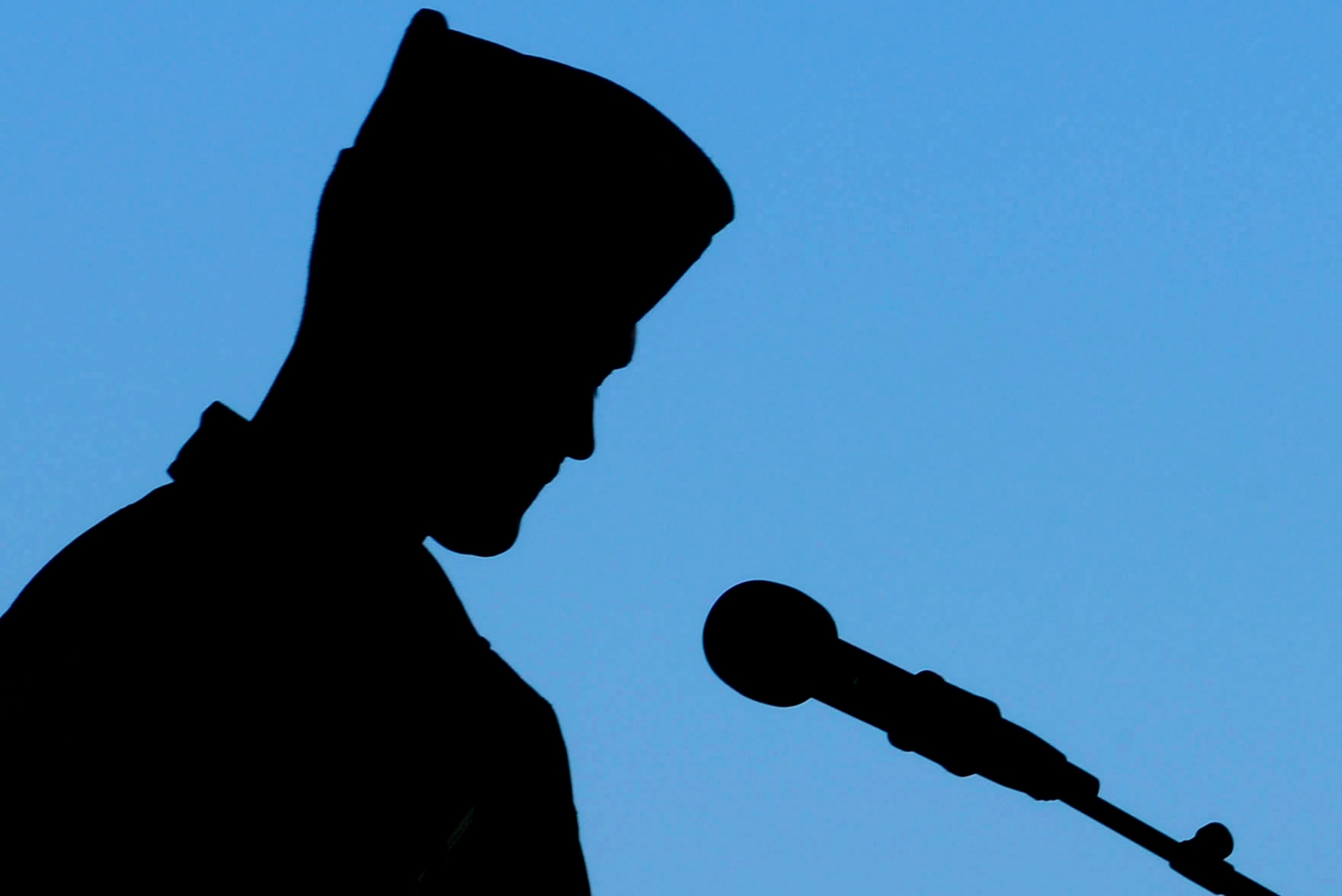 U.S. Air Force Col. Pete Fesler, 1st Fighter Wing incoming commander, addresses the crowd during the 1st FW change of command ceremony at Langley Air Force Base, Va., July 10, 2015. As the new commander, Fesler will take responsibility for the worldwide rapid deployment and employment of F-22 Raptor air dominance fighters in support of combatant commanders around the globe.  (U.S. Air Force photo by Senior Airman Kimberly Nagle/Released)  