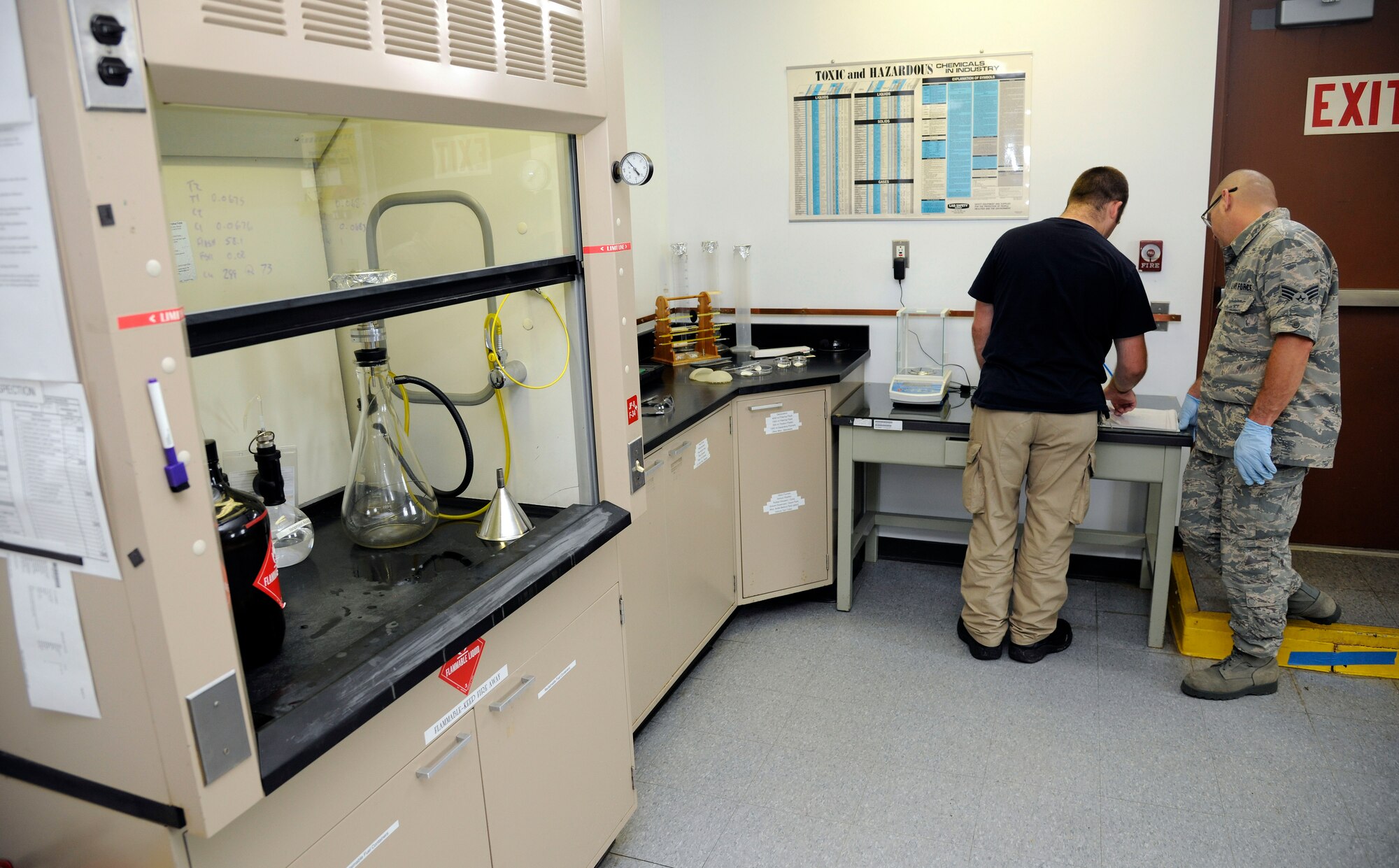 Staff Sgt. Joseph Fournier, 127th Logistics Readiness Squadron fuels distribution worker, and Senior Airman Joseph Navarre, 127th LRS fuels distribution operator, test fuel samples for any unwanted contaminants in the fuels lab at Selfridge Air National Guard Base, Mich., July 9, 2015. Each fuel truck’s fuel is tested to ensure only clean quality fuel is used in the jets at Selfridge ANGB. (U.S. Air National Guard photo by Senior Airman Ryan Zeski/Released)